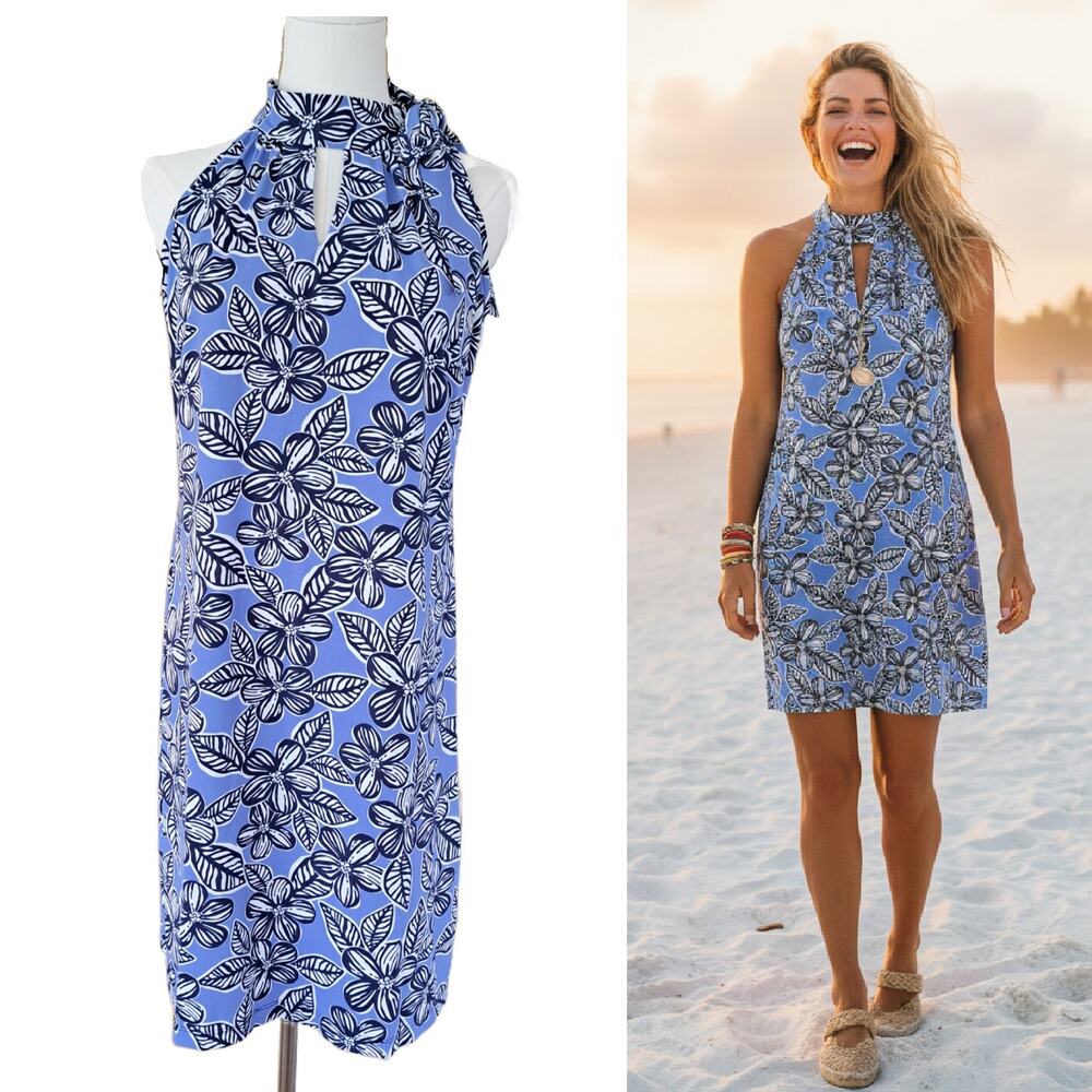 Katherine Way Seaside Halter Shift Dress Medium Beach Blue Floral Print Coastal